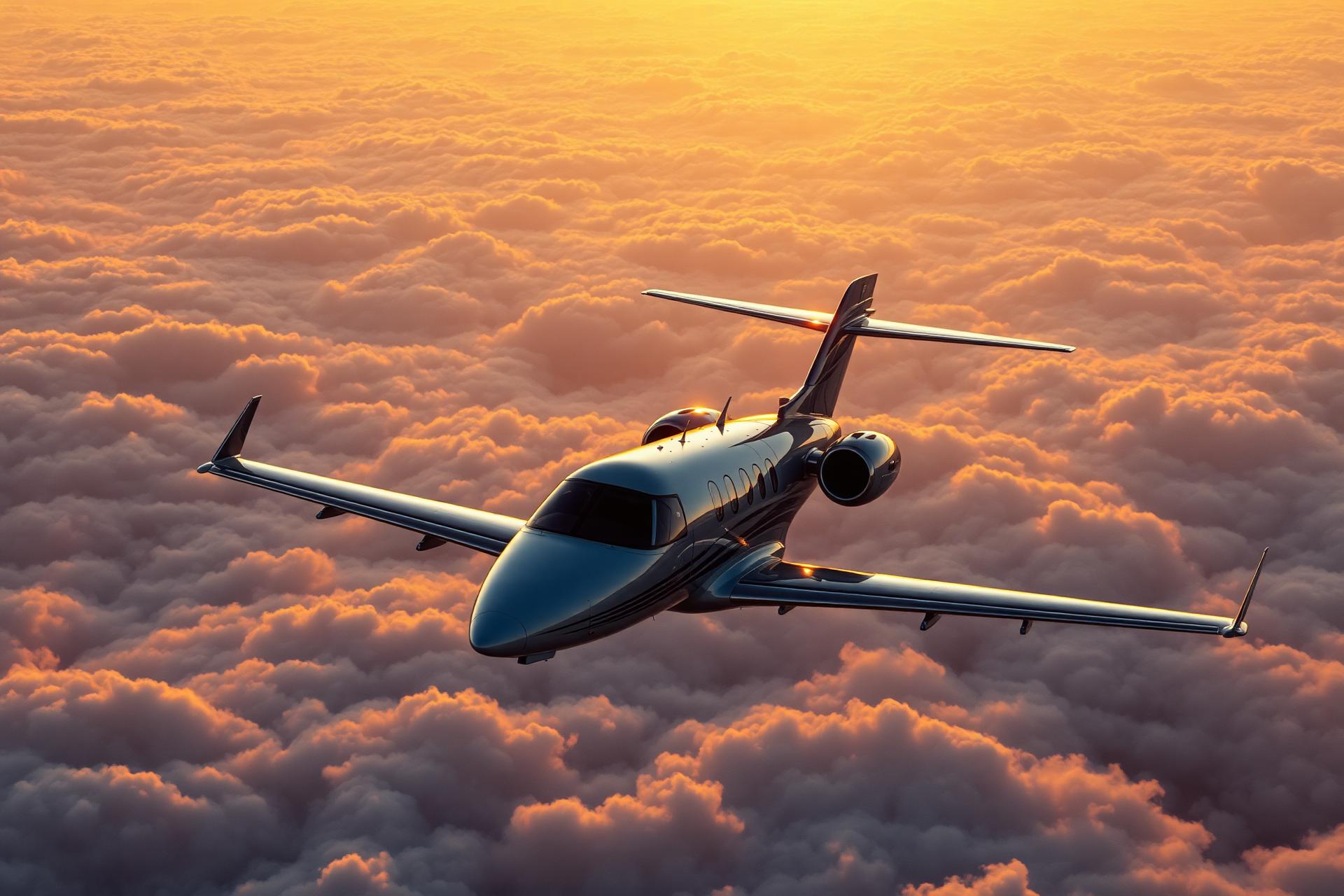 Private jet above golden clouds at sunset